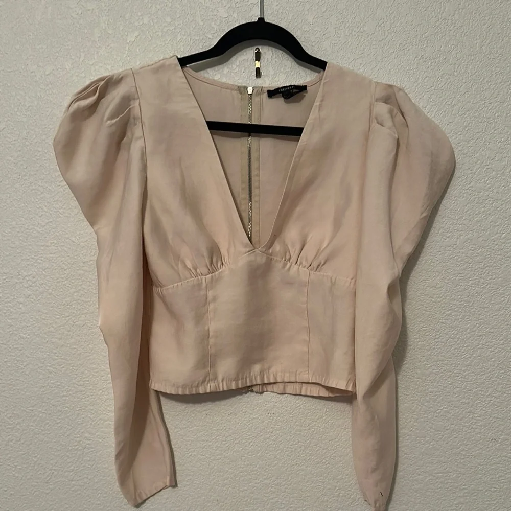 Forever 21 Tan Asymmetrical Puff Sleeve Crop Blouse - Picture 3 of 9